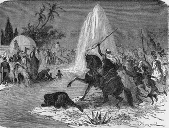 Arabernas glädje vid åsynen av vattenflödet från den artesiska brunnen Sidi-Rached, smidd av fransmännen, i Saharaöknen. I” Album de la Science”, Éditions Jouvet