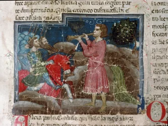 Jules Cesar (101-44 f.Kr.) tilltalar sina krigare Detalj av en manuskriptsida "" The Facts of the Romans"" (Ms 1538, fol 15r) runt 1340 Florens, Biblioteca Riccardiana