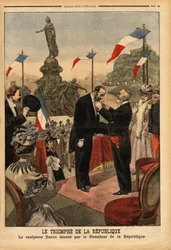 Jules Dalou (1838-1902) skulptör, dekorerade hederslegionen av republikens president Emile Loubet (1838-1929), med anledning av invigningen av statyn "Republikens triumf"" på Place de la Nation i Paris. Gravyr i ""