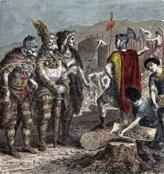 Julian och Frankish Chiefs - Möte mellan kejsar Julian och Franco Chiefs - (Flavius Claudius Julianus (331-363), kallad Julian the Apostate, även kallad Julian the Philosopher eller Julian II eller Julian the Emperor) - gravyr från slutet av 1800-talet