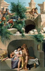 Julius Sabinus (Galler från lingonerna) och hans fru Eponine förblir gömda i nio år med sina barn i en underjordisk och sedan upptäcktes de förs till Rom tillsammans med hans två tvillingsöner. Sen kromolitografi av 1800-talet.