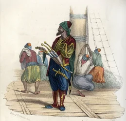 Khayr al-Din (d. 1476-1546), även känd som Barberossa II, var en turkisk kapare. Grundare av delstaten Alger på 1500-talet. i ”Ancient and Modern Algeria””” av Léon Galibert. Italiensk upplaga i 1846 färg.