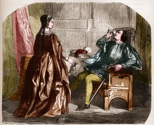 Kung Karl VI av Frankrike, känd som Karl den gode Aime, sedan Karl den Folle (1368-1422) med sin älskarinna Odinette (Odette) de Champdivers. Gravyr i "Prostitutionens och utsvävningens historia bland alla världens folk från Antiquitž till