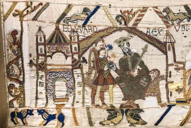 Kung Edward Bekännaren skickar Harold till Normandie, Bayeux Tapestry (ullbroderi på linne)