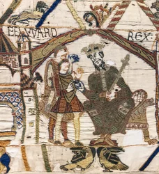 Kung Edward Bekännaren skickar Harold till Normandie, Bayeux Tapestry (ullbroderi på linne)