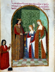 Kung Ferdinand II, kung av Aragonien och Sicilien (1452 - 1516), Joan, drottning av Kastilien (1479 - 1555) och Isabella I av Kastilien (även känd som katolik), drottning av Spanien (1451 - 1504). Miniatyr i "" Andakt av drottning Da Juana som de kallade g