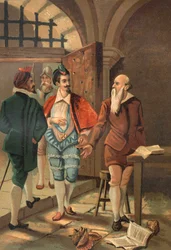 Kung Henrik III med Bernard Palissy (1510 - 1589). Kromolitografi från slutet av 1800-talet. baserad på La Ciencia y sus Hombres av Louis Figuier. Barcelona 1881