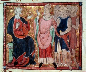 Kung Henrik II av England (1133-1189) tar emot en biskop och soldater. Miniatyr ur ett manuskript från 1400-talet. Paris, B.N.