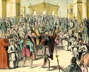 Kung Henrik IV (1553-1610) rör pannan på en sjuk person.”” Kungen är thaumaturg, han har makten att hela ecrouelles genom att uttala denna formel. Gravyr från ett utkast av Andre du Laurens (1558-1609), läkare av kung Henrik IV