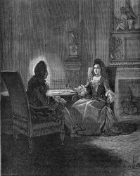 Kung Ludvig XIV (1638-1715) pratar med sin blivande hustru, Madame de Maintenon (Francoise d
