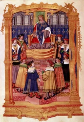 Kung Ludvig XI (1423-1483) och riddarna av Sankt Mikaels orden Miniatyr från manuskriptet "" Statuter för Sankt Mikaels orden"" 1400-talets Milano, Biblioteca Trivulziana