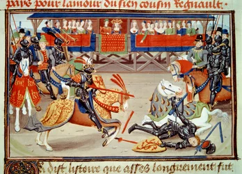 King Richier desarconnnant guichart of the moree under en turnering. (Miniatyr, v.1462-1470)