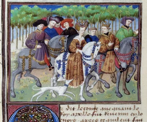 Kung och drottning går på jakt (Philip VI av Valois och Blanche av Navarra (?)) Miniatyr från Le livre de la chasse”” av Gaston III Phoebus, greve av Foix, Lord of Bearn (1331-1391)