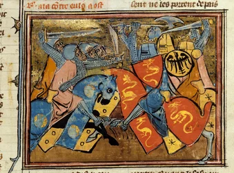 Riddare slåss. Miniatyr hämtad från "" Histoire de Merlin"" av Robert de Boron (Borron) (ca 1144-ca 1170)
