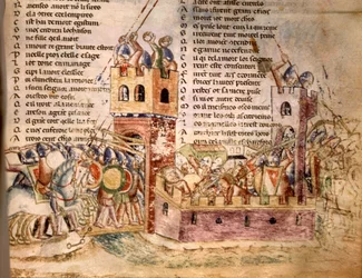 Riddare stormade ett slott. 1100-talsmanuskript. Bibl. Marciana Venedig.