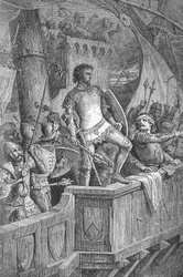 Knut den store (Canut I) (994 eller 995-1035) - Cnut den stores män på Londonbron, under attack av Olaf II av Norge (Olaf II av Norge) - Gravyr i "" Kaiser, Konig une Papst" av Richard Roth