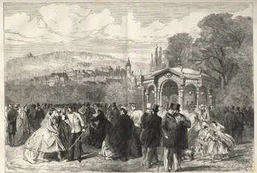 Konversationshaus - Baden Baden (Baden-Baden), Tyskland - Promenaden framför samtalshuset - Allmän vy över Baden-Baden från trädgårdarna i House of Conversation - 1867