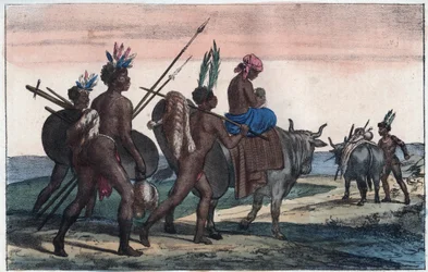 Korah Hottentots från Kap på resande fot - gravyr från "" Seder och traditioner för alla folk i universum. Det vill säga historien om regeringen, om lagarna, om milisen, om religionen för alla nationer från de mest avlägsna tiderna till våra dagar "1856