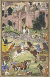 Krishna dödar demonen Sri Gala (scen från Harivamsa). Omkring 1585-95