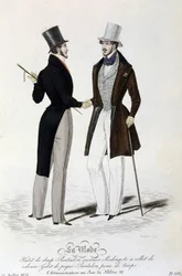 La Mode du 26 juillet 1834: (maskulint mode) lakankostym - byxor casimir - Redingote med sammetskrage - väst av piké - byxor i brunt skinn och hög hatt.