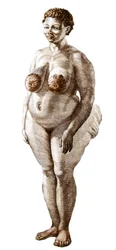 La Venus Hottentote, kvinna av rasen Bochiman (The Hottentot Venus,) gravyr från 1815.