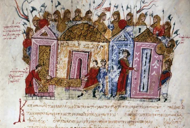 Varangians (Varangian) väpnade gardet (danska och svenska vikingar, som reste genom hela flodsystemet i de östra territorierna och byggde fort, ända till Kaspiska havet och därmed lade grunden till det som skulle bli den statliga ryska) Miniatyr hämtad frå