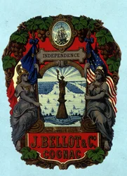 Etikett "" Independence - J. Bellot & C¡. Cognac”” (Frihetsgudinnan). Kromolitografi, n.d..