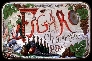 Etikett av Figaro Champagne Perle. sd. 1800-talet.