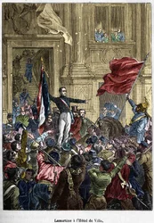 Lamartine (1790 - 1869), vägrar den röda flaggan för den trefärgade flaggan, vid rådhuset. Paris den 26 februari 1848. Bianchetti-samlingen.
