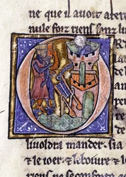 Lancelot på toppen av ett torn. Manuskript: Erövringen av Saint Gréal, skrivet 717 år efter vår herres passion. Bibliotheque Municipale de Rennes, ms. 255 (Samling av romaner av det runda bordet); Paris