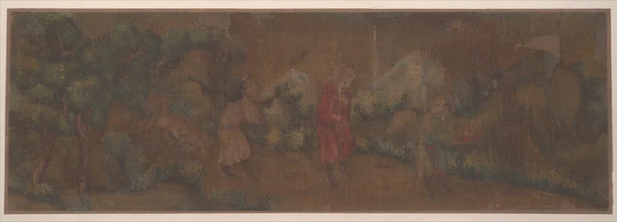 Landskapsmålning av figur i skogsmiljö (albumblad; färg på siden)