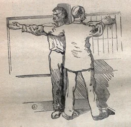 Rättslig antropometri eller bertillonnage, metod av Alphonse Bertillon (1853-1914): mätning av stor stor kaliber av vapen - Gravyr i "La Science francaise"