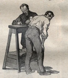 Rättslig antropometri eller bertillonnage, metod av Alphonse Bertillon (1853-1914): mätning av armbågen - gravyr i ""La Science francaise""