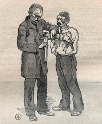 Rättslig antropometri eller bertillonnage, metod av Alphonse Bertillon (1853-1914): mätning av långfingret och vänster ringfinger - Gravyr i "" La Science francaise"