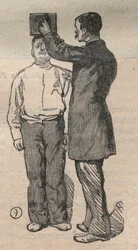 Rättslig antropometri eller bertillonnage, metod av Alphonse Bertillon (1853-1914): höjdmätning - gravyr i "La Science francaise""