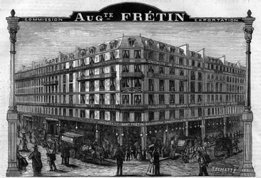 Stor Chausage Manufacture ""Auguste Fretin"", Paris VIth Arrondissement 64, rue de Rennes. Gravyr från 1883