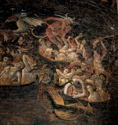 Sista domen: jävlarna till underjorden plågade av demoniska varelser. Detalj av en fresk 1474-1484. Cathedrale Sainte Cecile i Albi.