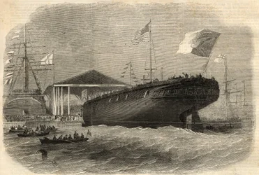 Lansering av den portugisiska korvetten "Sagres"" i Limehouse (London). Gravyr i "" The Illustrated London News"" av 5 juni