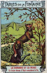 Le Fox et le Bouc - Fables av Jean de La Fontaine (1621-95) - Kromolitografi från slutet av 1800-talets privata samling