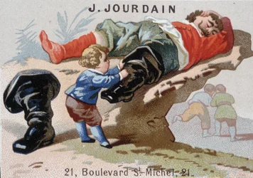 Le Petite Poucet tar bort sina stövlar i sju ligor med asoupi ogre - reklametikett Jourdain