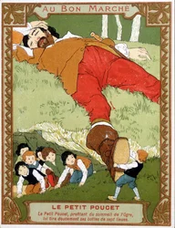Le Petite Poucet tar av sig sina sjuliga stövlar till assoupi ogre - Bon Marché reklametikett, slutet av 1800-talet