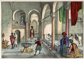 Det moriska badet (offentligt bad) i Alger omkring 1830. I "Det gamla och moderna Algeriet" av Léon Galibert. Italiensk utgåva från 1846, i färg