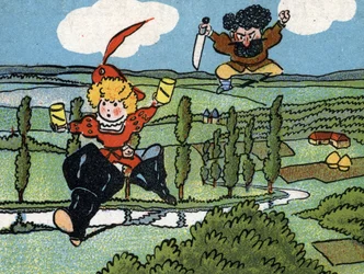 Le petit poucet jagas av trollet efter att han har stulit hans sju ligors stövlar (Hop-o-my-Thumb eller ittle Thumbling, Little Thumb, eller Little Pouket, saga av Charles Perrault) Kromolitografi från början av 1900-talet Privatsamling