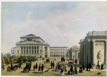 Alexandrinski-teatern (eller Alexandra) i Sankt Petersburg (Alexanderteatern i Sankt Petersburg). Anonymt verk, färglitografi, ca 1830. 1800-talsklassicism. Statens museum för teater och musikkonst, Sankt Petersburg.