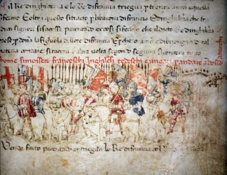 Fransmännens, engelsmännens, tyskarnas och ungrarnas förbund mot turkarna 1391 - i "Croniche del Sercambi", omkring 1400. Nationalarkivet, Lucca.