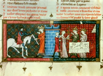 Till vänster: Perceval tar emot ett svärd från kung Pescheor. Till höger: Procession av den heliga gralen. Miniatyr från "" Tale du Grail""