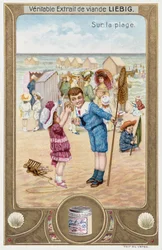 Leibig-kort föreställande franska barn på stranden 1890