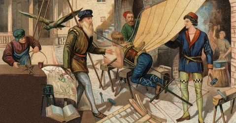 Leonardo da Vinci (Leonard de Vinci 1452-1519) experimenterar med sin flygmaskin. Kromolitografi av 1800-talet.