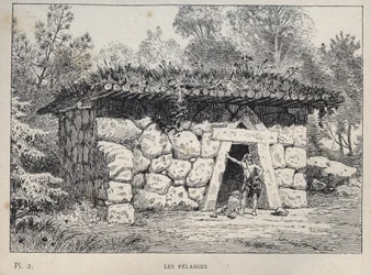 The Pelasges (Pelasgians) - gravyr från 1889 i "History of human habitation at the Universal Exhibition of 1889, by Mr Charles GARNIER - Librairie centrale des beaux-arts Paris 1889