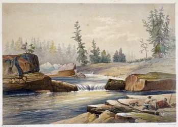 Les chutes de papineau - i "" Sketches on the nipisaguit a river of New Brunswick in America"" av William Hickman, red. Halifax